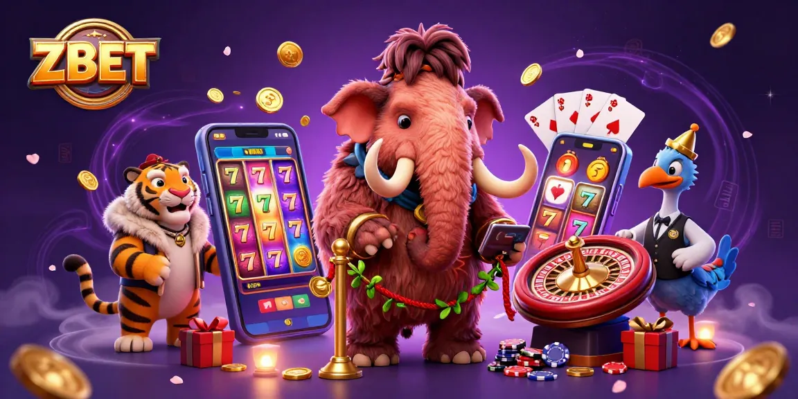 ZBET showcases vibrant casino action with a mammoth, saber-tooth tiger, and dodo, surrounded by slots and coins.