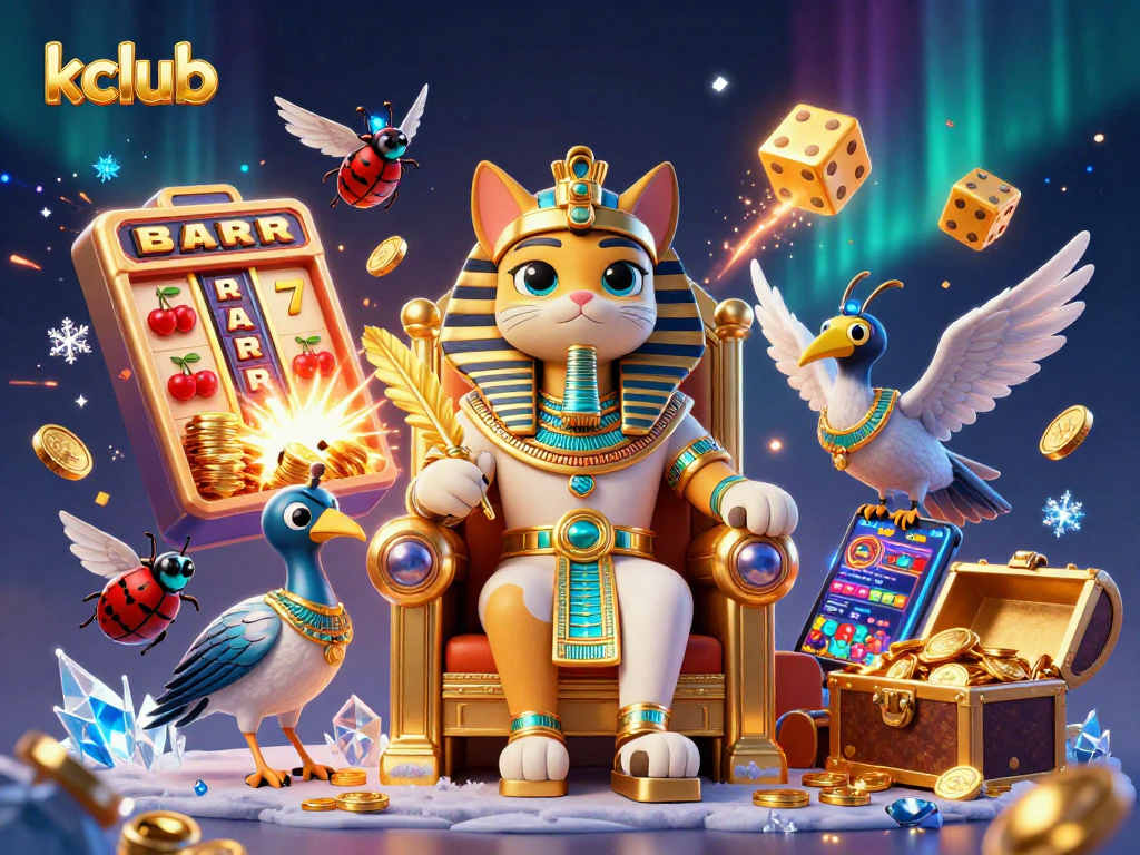 Kclub's engaging 3D pharaoh cat showcases vivid games and a jackpot explosion for gamblers.