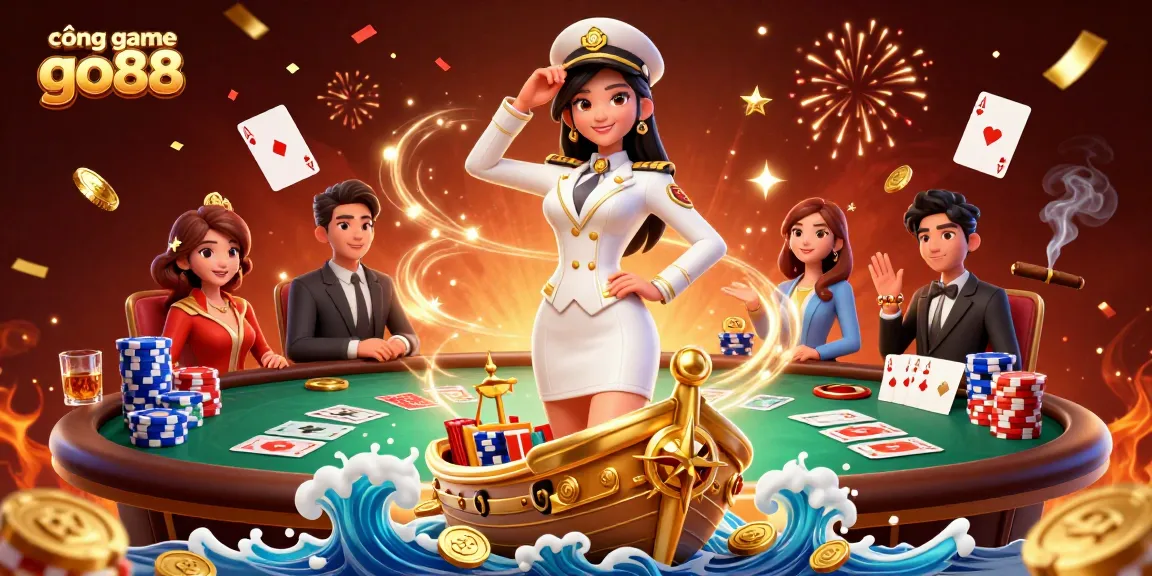 Engage with cổng game go88 featuring an Asian woman commanding in a golden ship with festive casino elements.