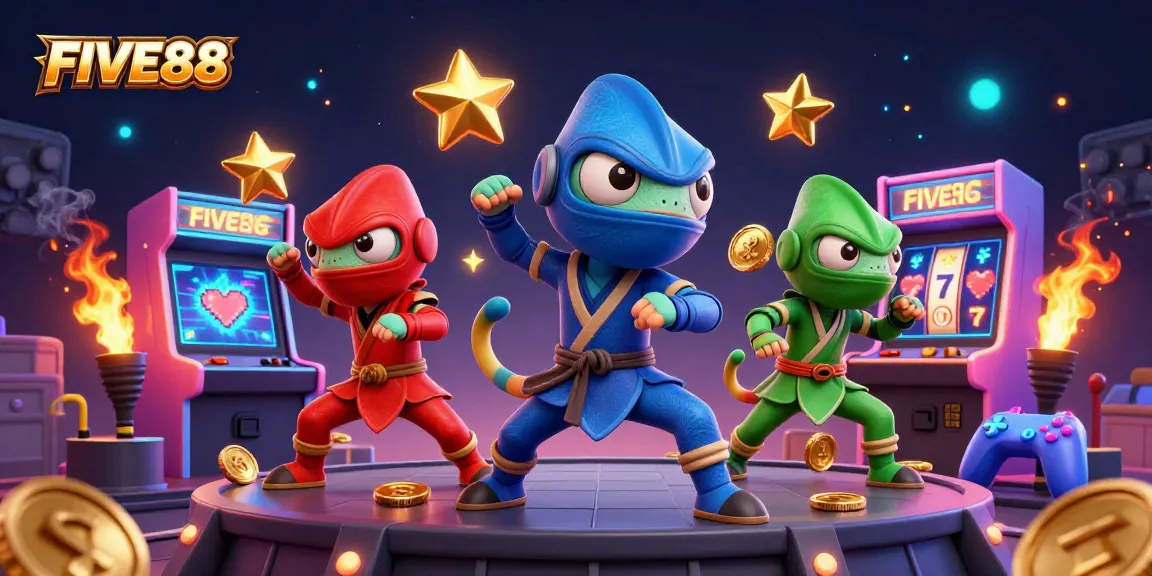 Engaging FIVE88 scene with chameleon ninjas and dynamic casino elements promoting vibrant gameplay.