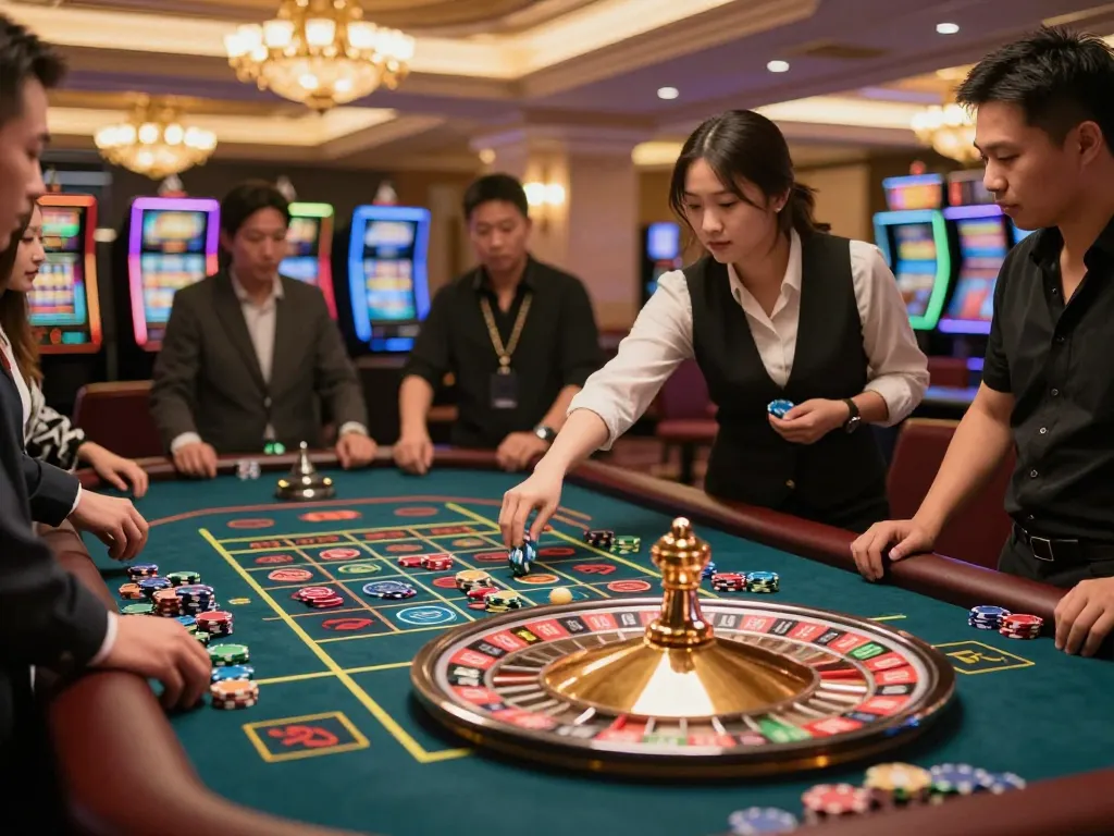 Experience the excitement at trang chủ 79king with players captivated by a spinning roulette table.