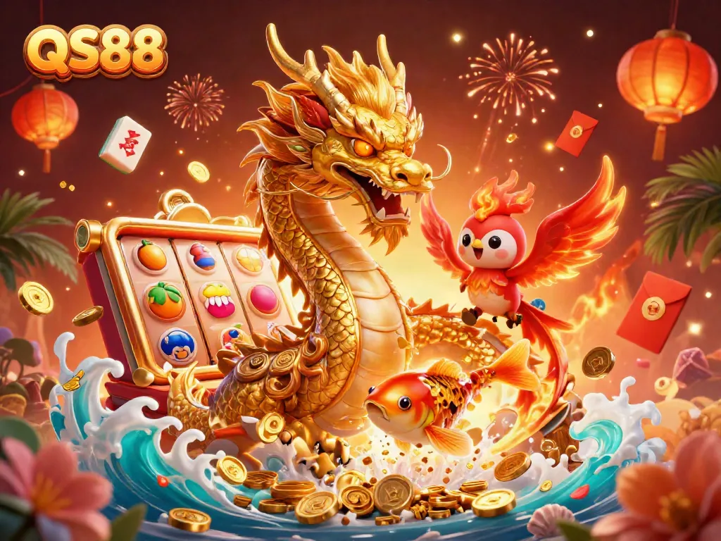 Experience thrilling wins at QS88 with a golden dragon and phoenix amidst dynamic casino elements.