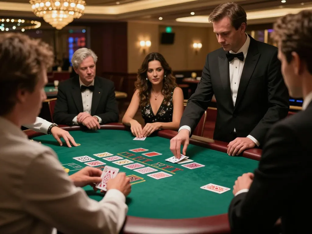 Players enjoying blackjack at BL555 casino table, showcasing strategic gameplay and elegant atmosphere.