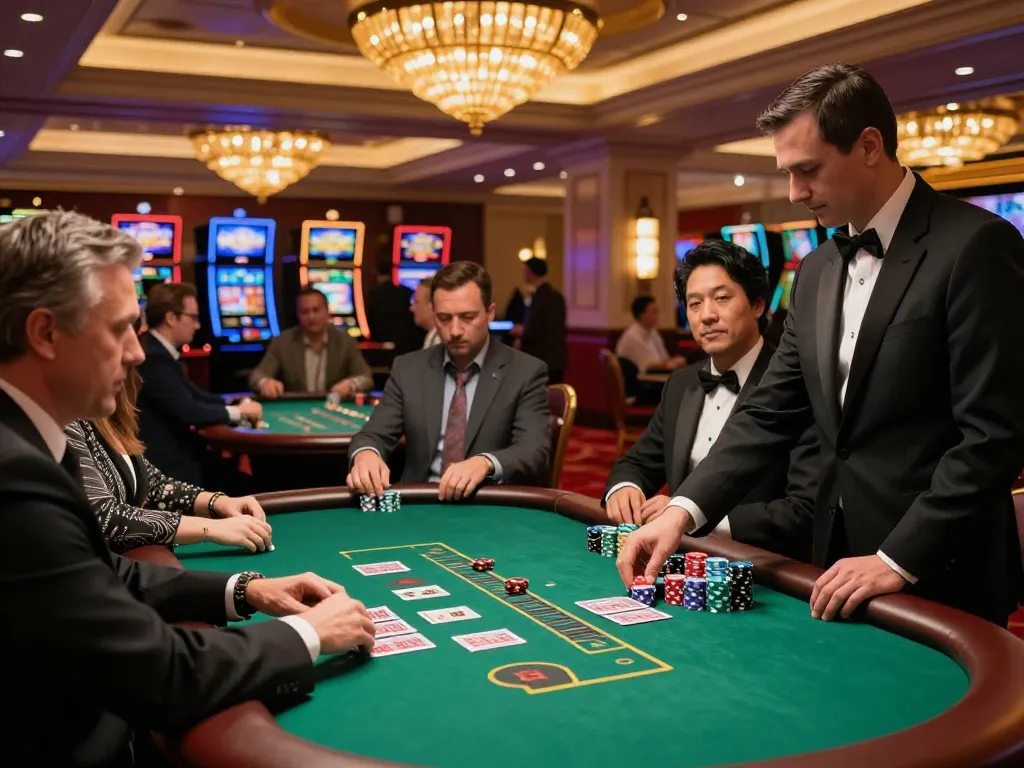 Trải nghiệm sự hấp dẫn của blackjack LỢI8 tại một sòng bạc Vegas sôi động, các dealer xáo bài và người chơi tham gia.