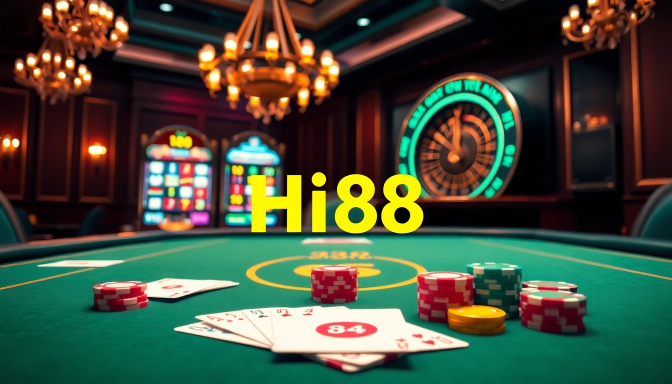 Experience thrilling gameplay at Hi88 with vibrant cards, chips, and an exciting poker table.
