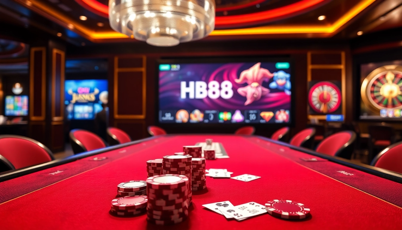 Engaging players at the HB88 casino with vibrant poker tables and interactive online gaming screens.