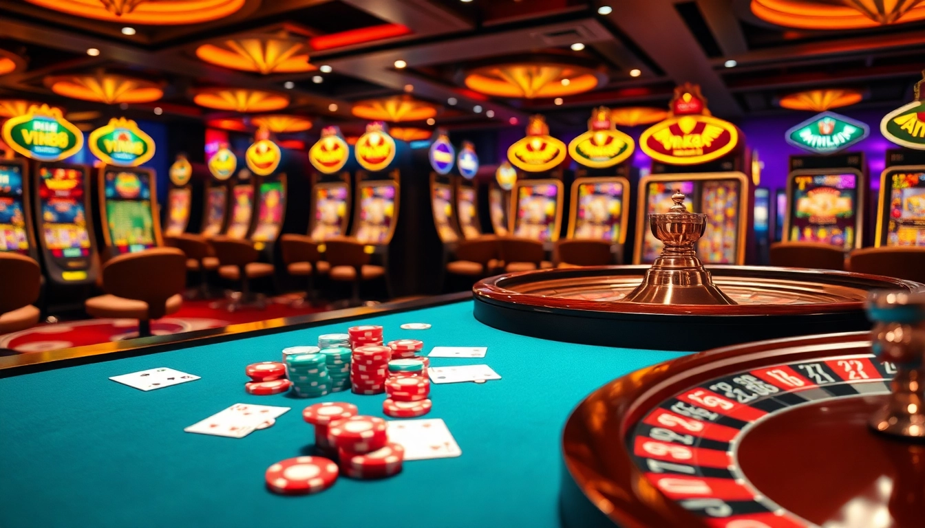 Exciting gambling scene with VIN88 branding featuring luxurious casino table and vibrant slot machines.