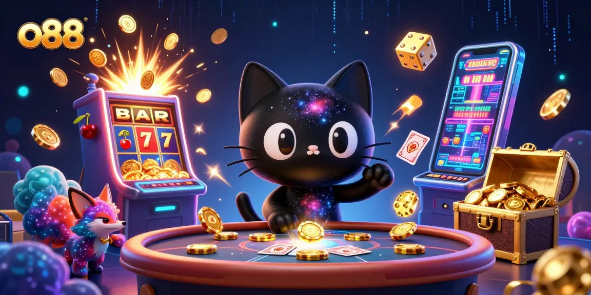 o88 cat attracts golden chips in a vibrant 3D cosmic casino scene.