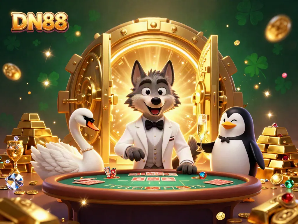 Experience the excitement of DN88 with a debonair wolf at the baccarat table and elegant swan dealing cards.
