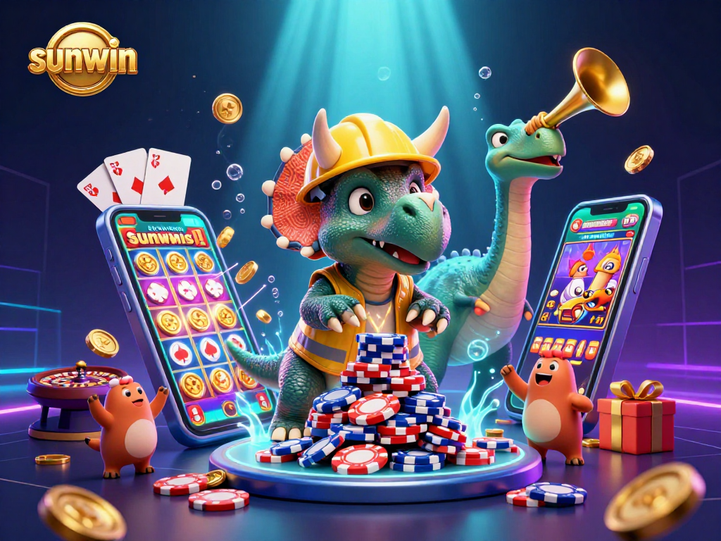 Experience thrilling gameplay at sunwin while a triceratops builds poker chip pyramids.