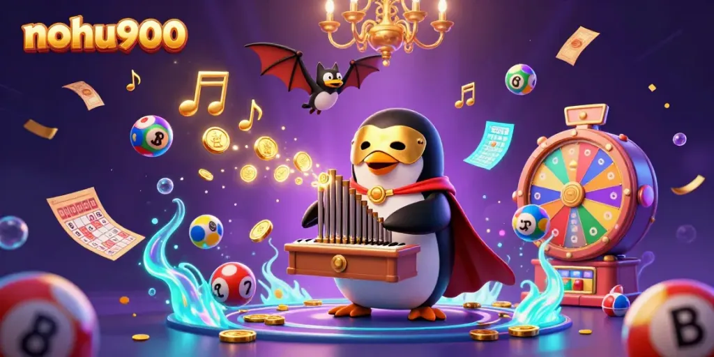 Engage in winnings with nohu900 featuring a cartoon penguin playing an organ of golden coins surrounded by lottery balls.