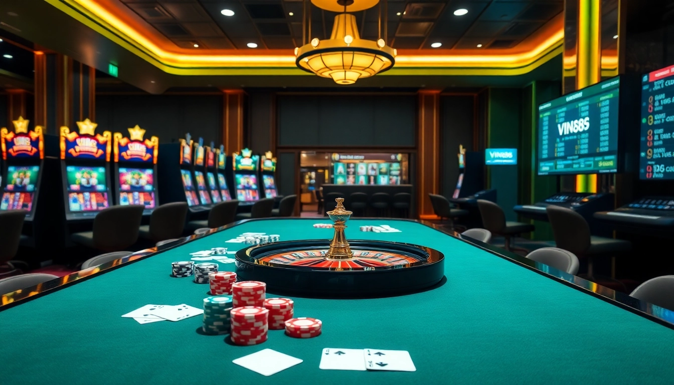 Experience thrilling casino action at VIN88 with lively gaming tables and vibrant slot machines.