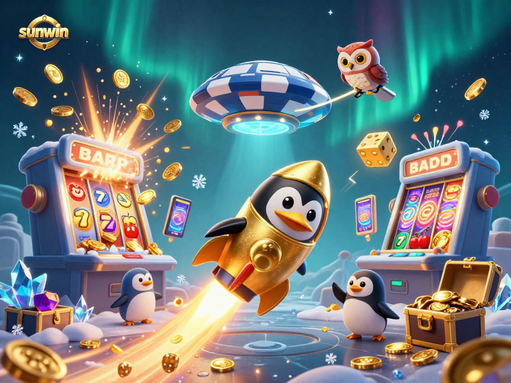 Win with sunwin in an exciting casino-themed 3D space adventure illustration.