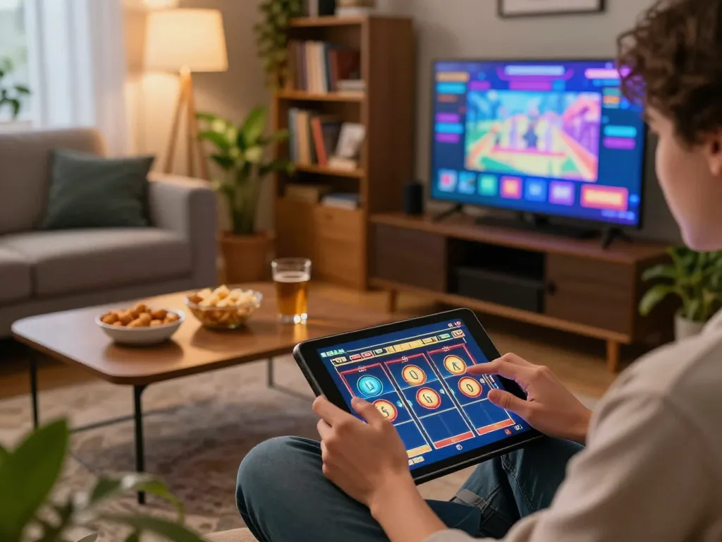 Fun88 player interacting excitedly with an online slot game on tablet in a cozy home setting.