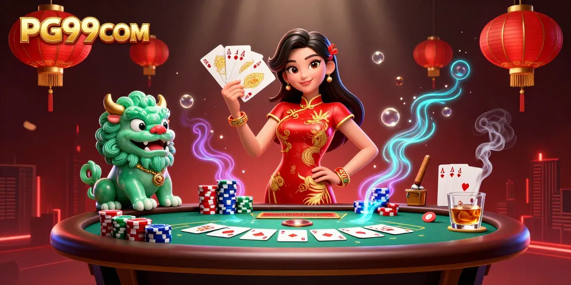 PG99COM offers a spectacular view of dynamic casino action with a qipao-clad dealer and gaming elements.