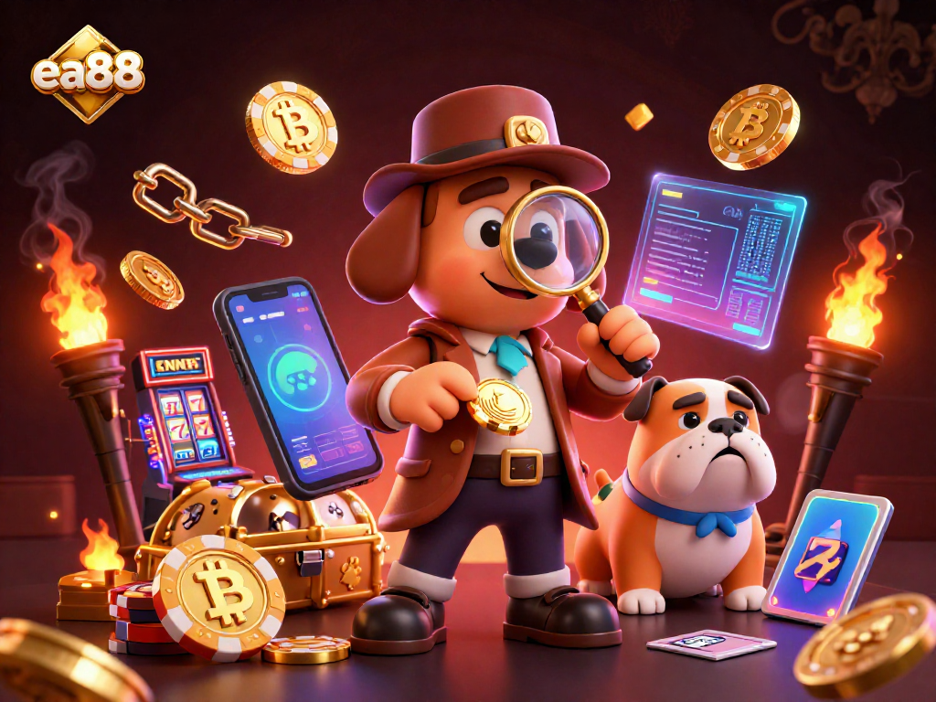 Engage in thrilling gameplay at ea88 with cartoon detective characters uncovering clues amid vibrant casino elements.