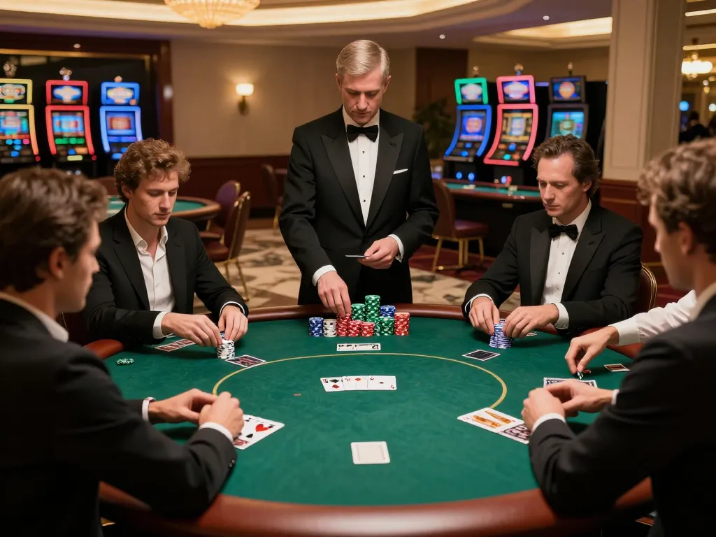 Engaged players at an upscale casino poker table, highlighting mb 66 as they strategize their bets.