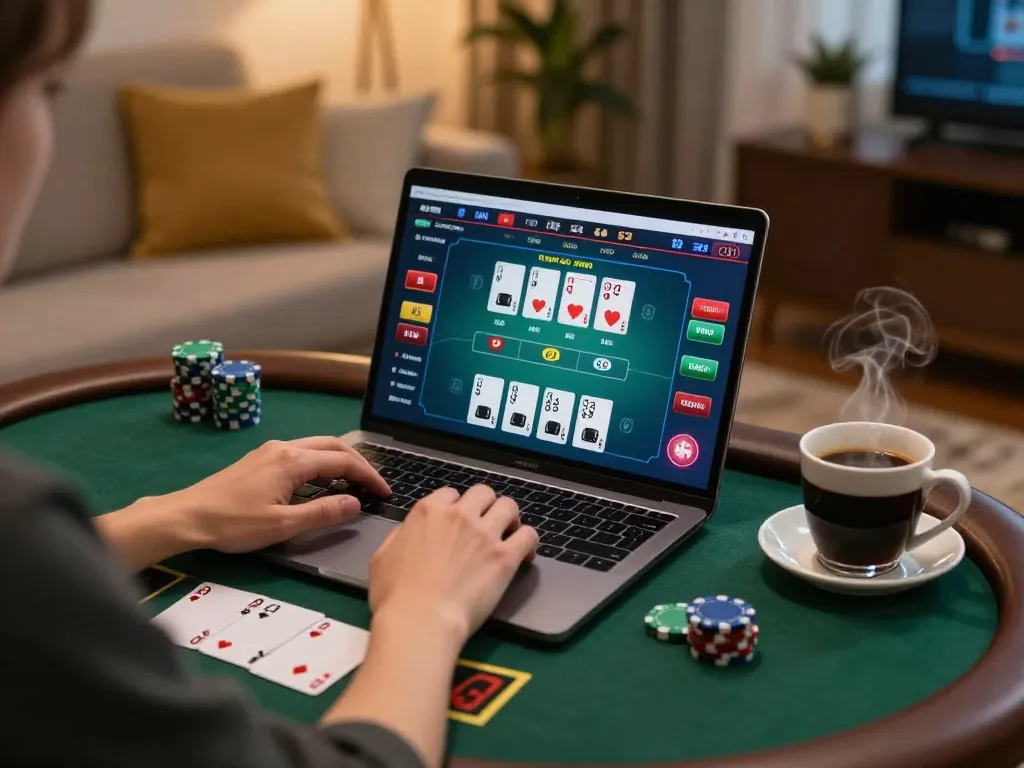Engaging in online blackjack at Trang Chủ O8, featuring a cozy home setup for strategic gameplay.