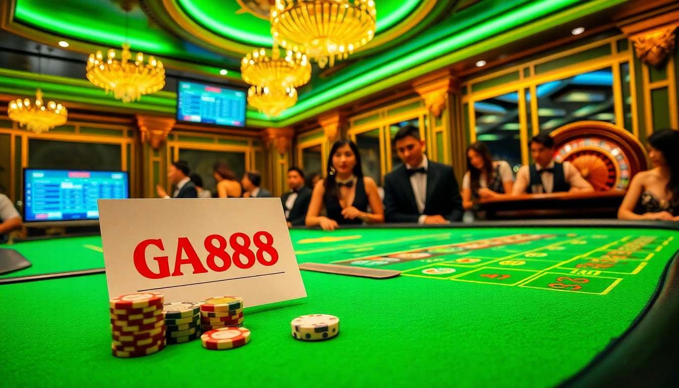 Exciting gameplay at GA888 casino featuring players, tables, and vibrant poker chips.