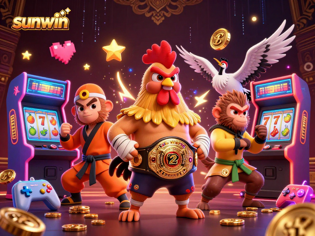 Experience thrilling casino action with sunwin in a vibrant 3D game scene featuring characters and slot elements.