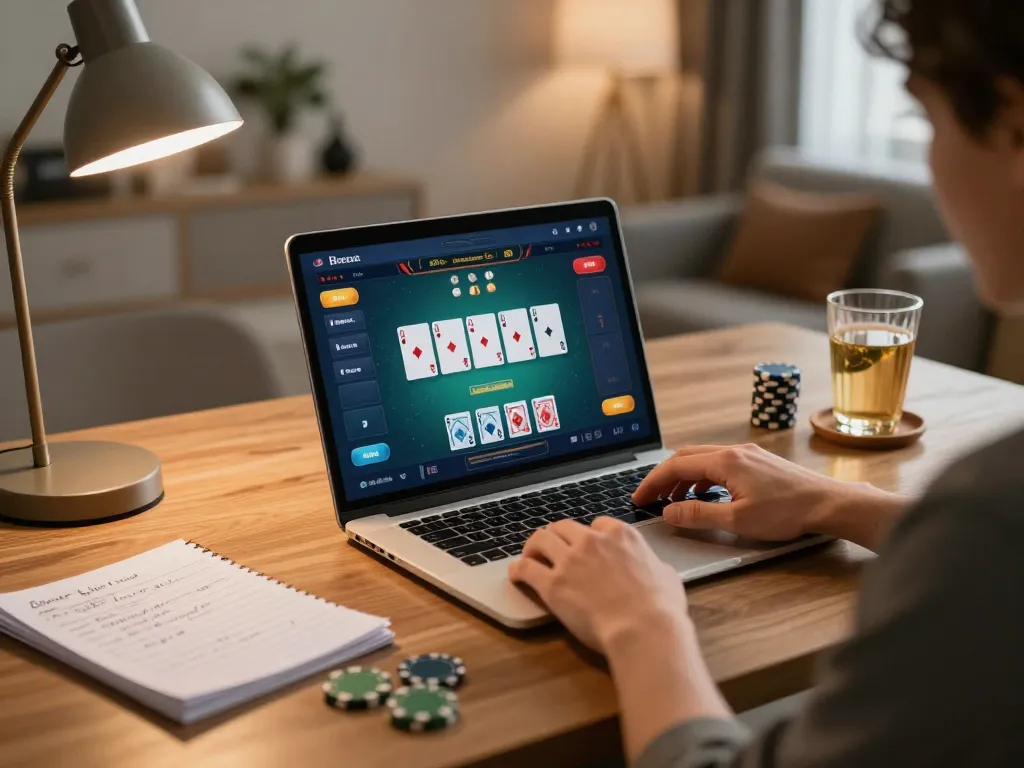 Player engaging with 8K8 online poker app while managing bankroll effectively at home.