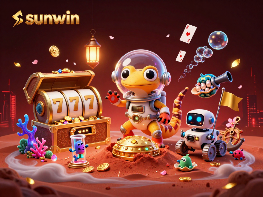 Experience the thrilling universe of sunwin with a Martian gecko and vibrant casino elements.
