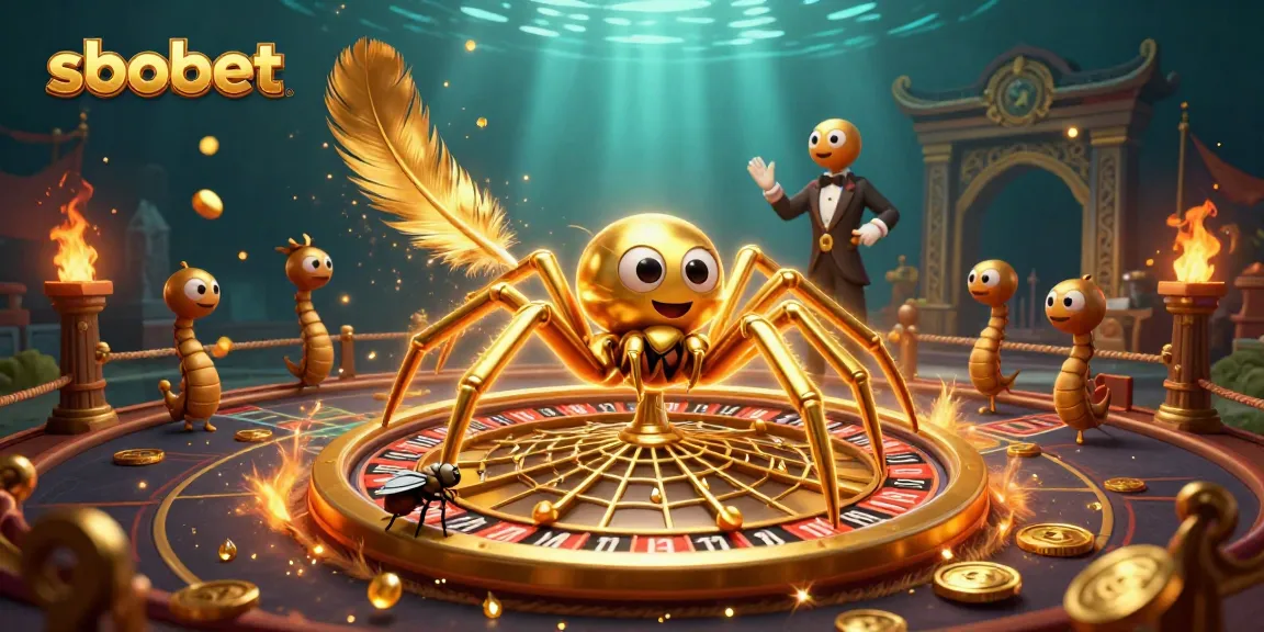 Experience sbobet betting excitement with a cartoon spider and croupier in a dynamic casino scene.