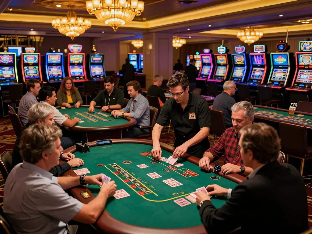 Kong 88 players enjoying thrilling blackjack at a bustling casino floor.