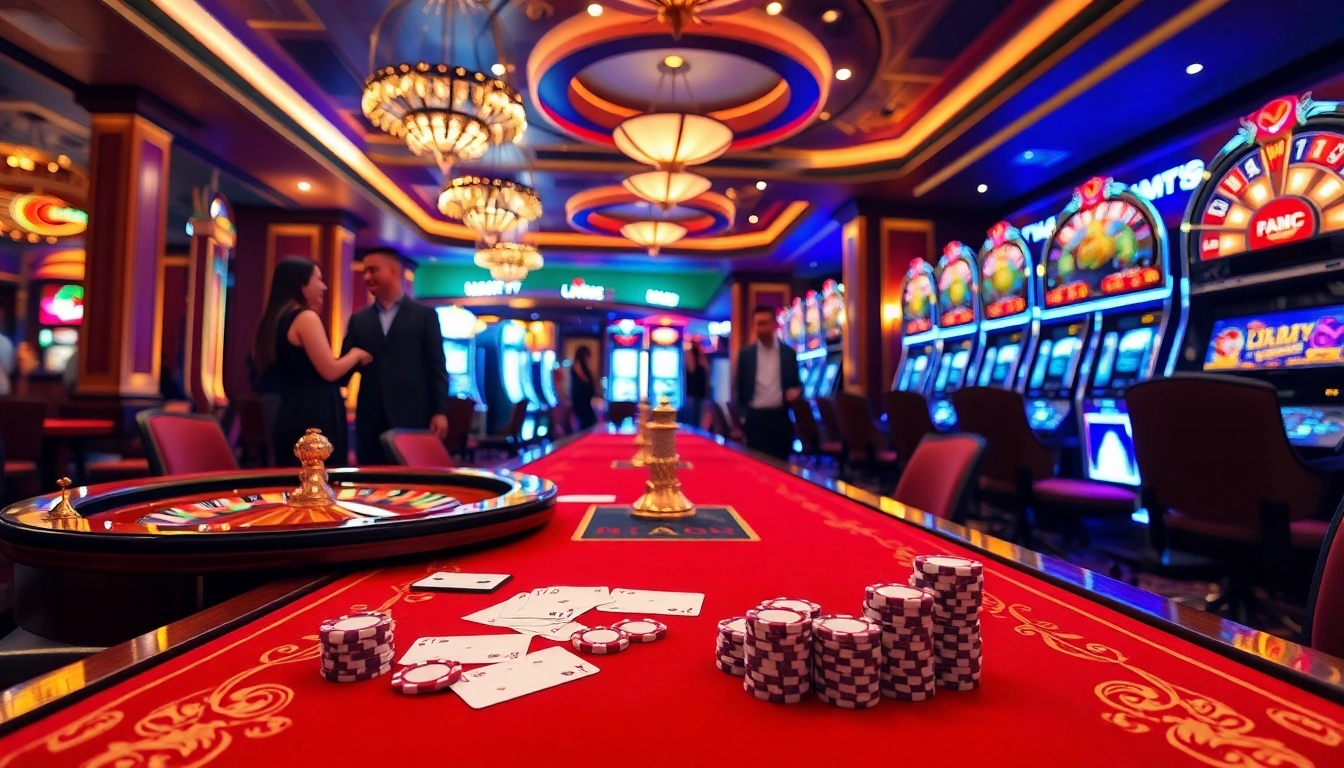 Gambling excitement at trang chủ thabet with players celebrating wins at a luxury casino table.