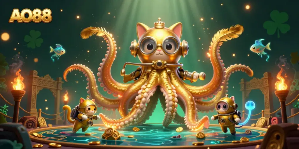 Join the adventure at AO88 with a colossal kraken, diving cat, and deep-sea fish in a vibrant underwater casino