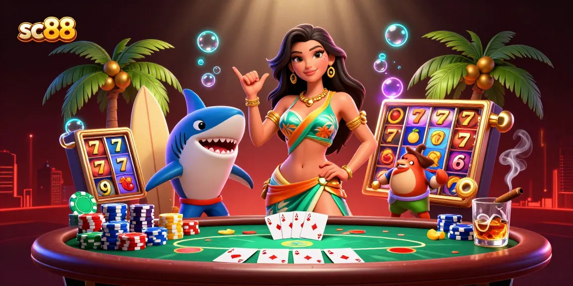Experience the thrill of sc88 with vibrant slot reels and a dynamic beach scene, highlighting exciting gaming elements.