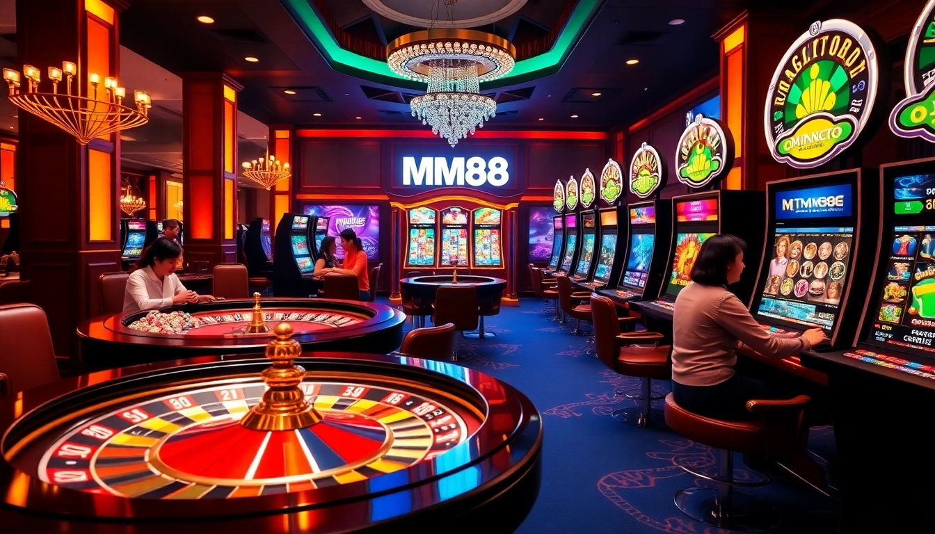 Players enjoying a thrilling casino experience at MM88, with vibrant gaming tables and slot machines.
