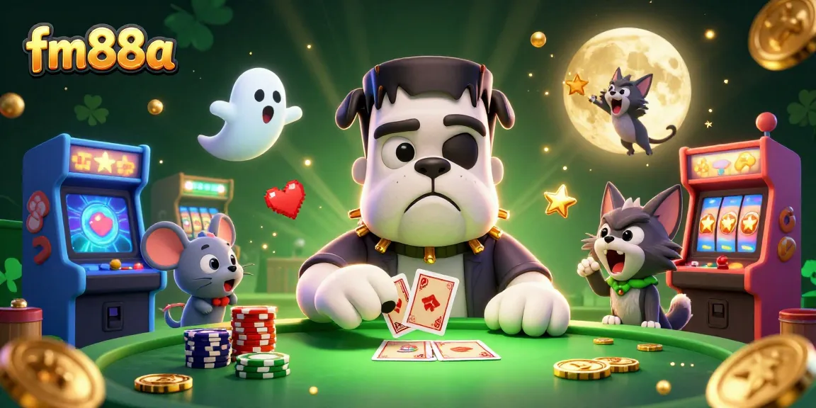 Engage with fm88a at lively casino tables, where colorful creatures deal cards amidst vibrant game elements.