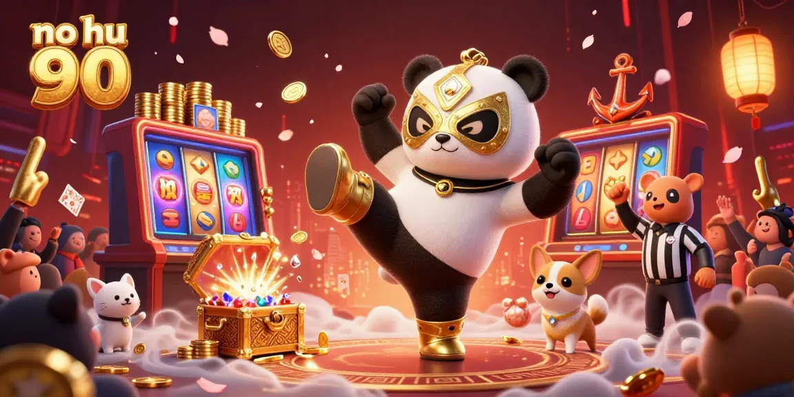 No hu 90 delivers thrilling jackpot action with 3D panda wrestler and chihuahua referee in a vibrant casino scene.