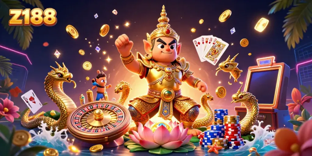 Join the excitement at z188 with a 3D temple guardian and casino elements, showcasing fun and vibrant gambling
