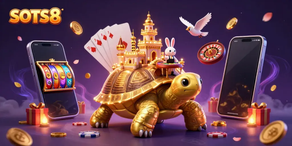SLOTS8 showcases a vibrant casino scene with a golden tortoise, rabbit dealer, and flying coins.