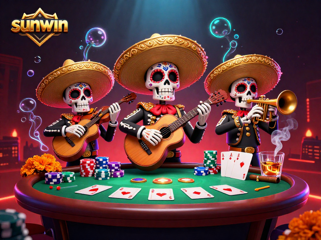 Engage with thrilling gameplay at Sunwin featuring a vibrant mariachi band in a bustling casino scene.
