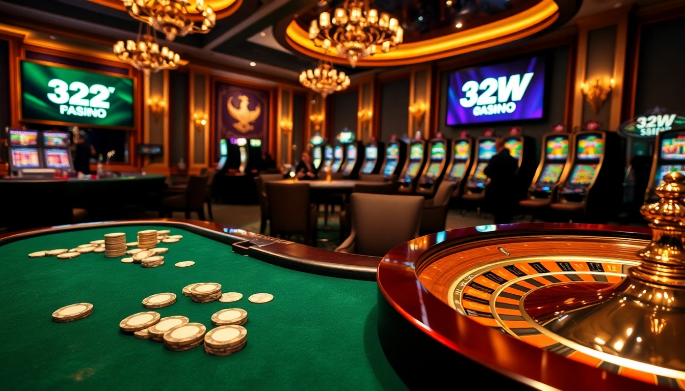 Experience the excitement of 32WIN with a luxurious casino scene featuring poker, roulette, and winning players.