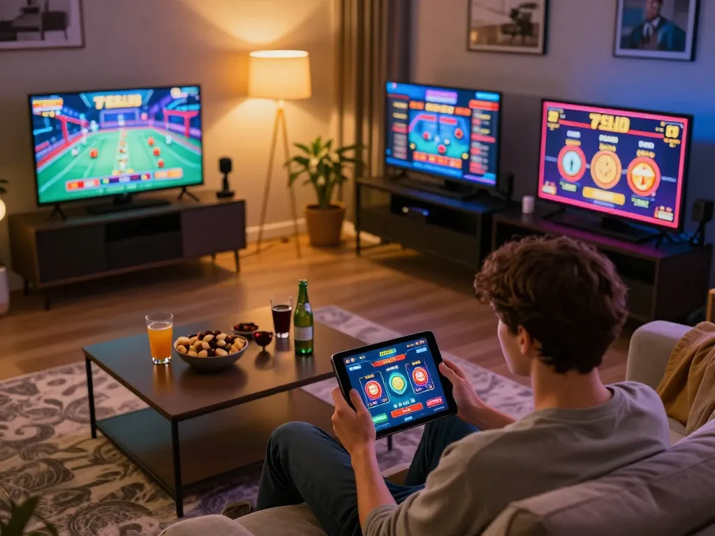 Engaging with the 79club casino app on a stylish tablet in a cozy gaming setup.