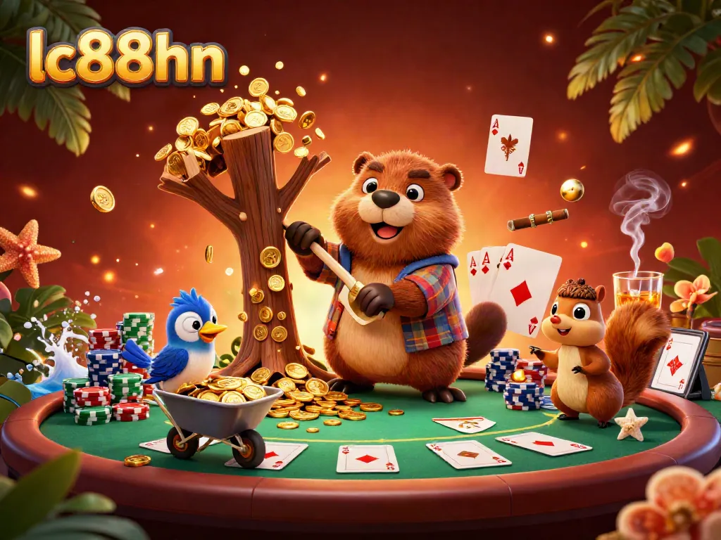Play exciting games at lc88hn with a vibrant 3D scene featuring a beaver, bird, and squirrel collecting coins.
