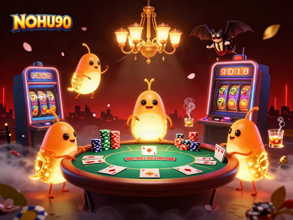 Experience the excitement of NOHU90 with dynamic glowworms illuminating a casino showcasing vibrant slots and poker!