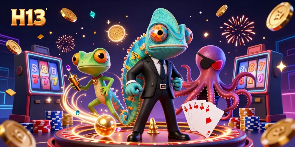 Play exciting casino games at H13 with a vibrant 3D illustration of a chameleon agent, gecko, and octopus amid golden coins.