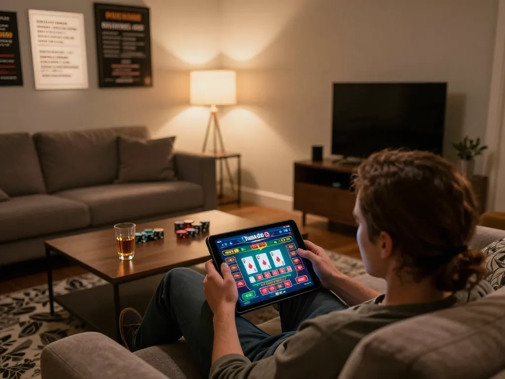 Engaging scene of a player immersed in Trang Chủ O8 online gaming on a tablet, showcasing strategic poker options.