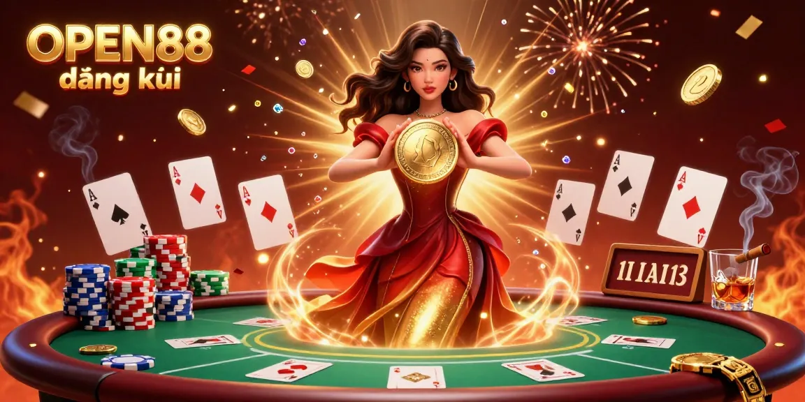 Experience the thrill of OPEN88 đăng ký with a stunning illustration showcasing dynamic casino elements and vibrant gold accents.