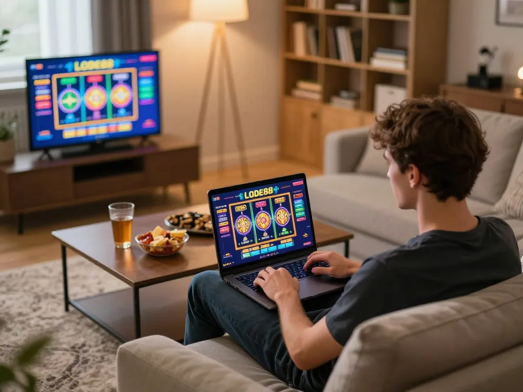 Player enjoying LODE88 slot games on a laptop in a cozy home setting, snacks and drinks present