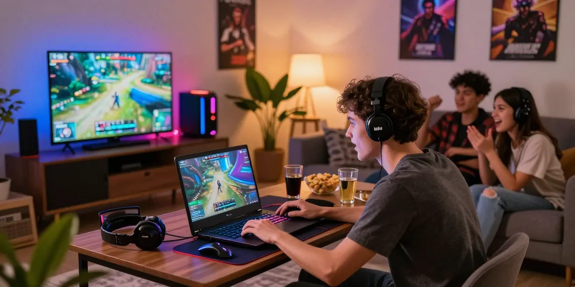 A young adult immersed in iwin gaming in a modern living room with friends and vibrant LED lighting.
