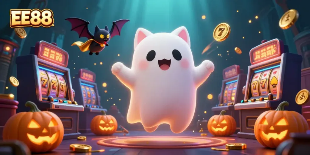Experience the thrill of EE88 with a magical ghost cat guiding players through a vibrant, haunted casino atmosphere.