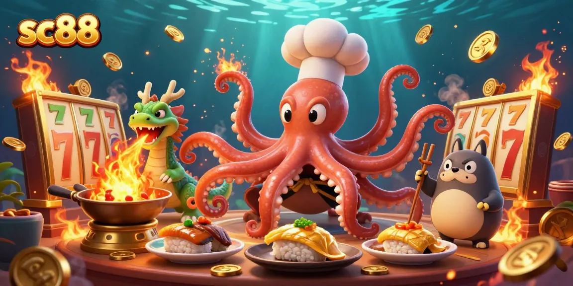 Experience the excitement of sc88 with this vibrant illustration of an octopus chef amidst golden slot reels and fiery action.