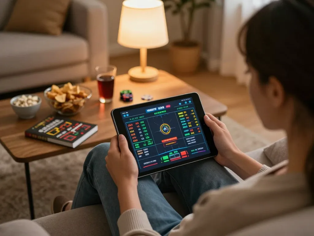 Engaging in sports betting on the tablet at https://soikeo.com.mx/ with warm lighting and strategy books.