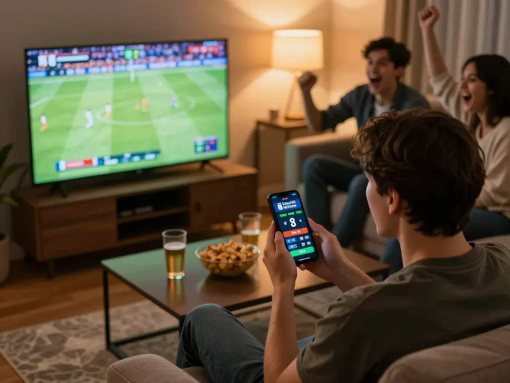 Person enjoying Trực tiếp bóng đá socolive while placing live bets on smartphone in a cozy home setting.